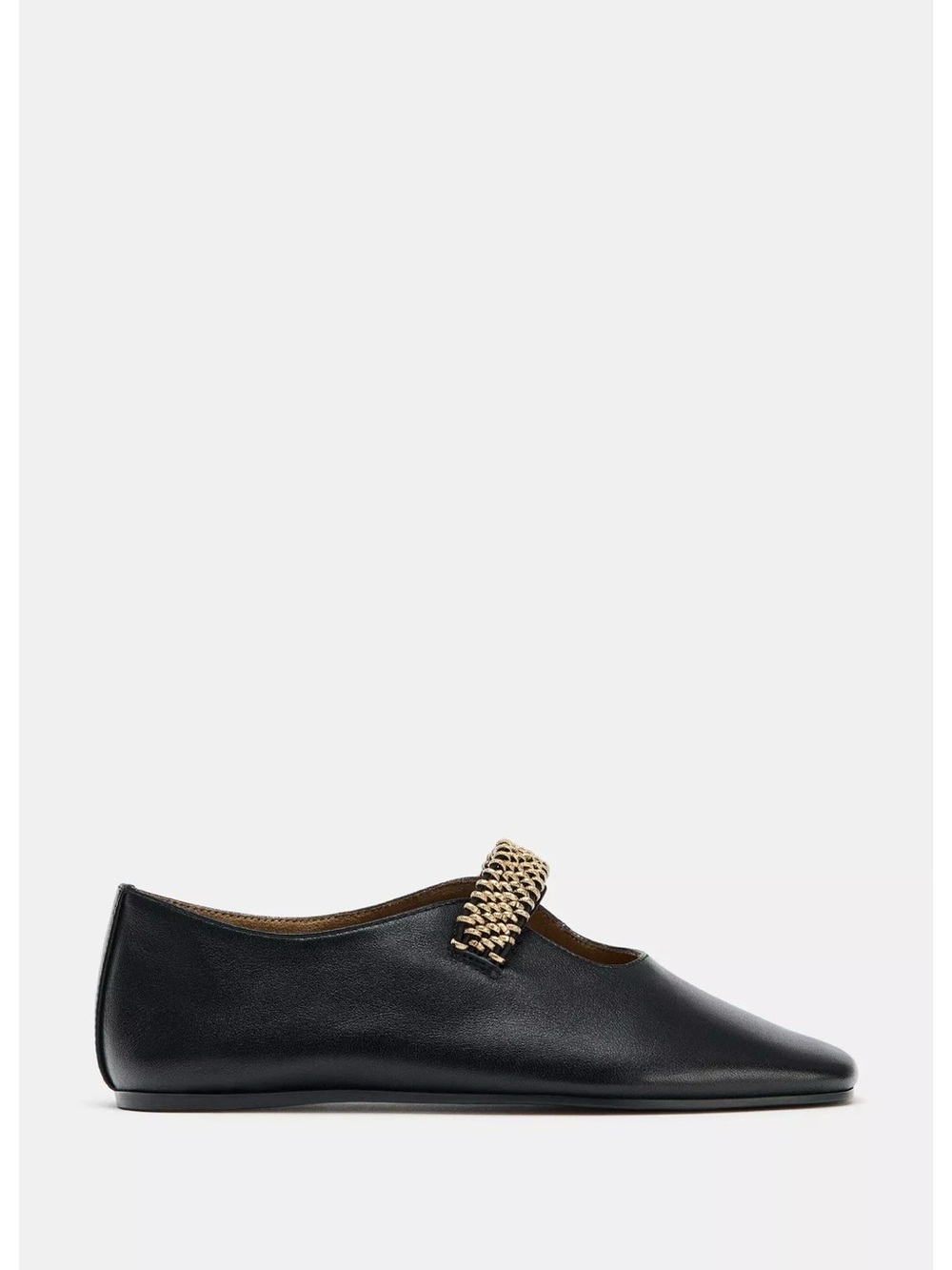 ZARA Black Leather Ballet Flat with Gold Chain Strap NWT Sz. 7.5